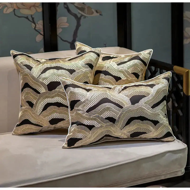Chinoiserie golden embroidered cushion cover black & beige living room
