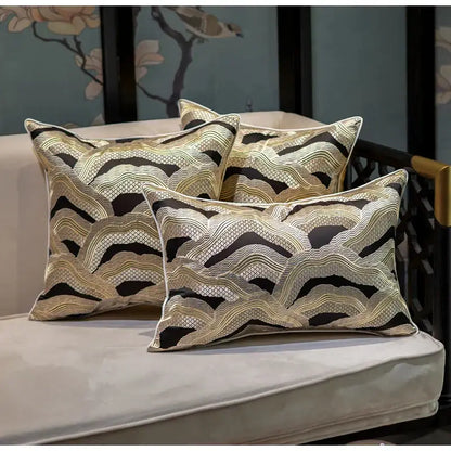 Chinoiserie golden embroidered cushion cover black & beige living room
