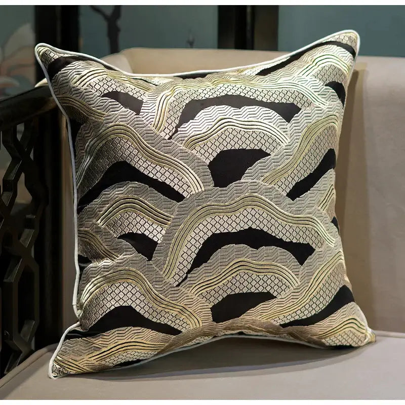 Chinoiserie golden embroidered cushion cover black & beige living room
