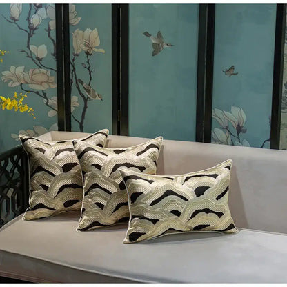Chinoiserie golden embroidered cushion cover black & beige living room