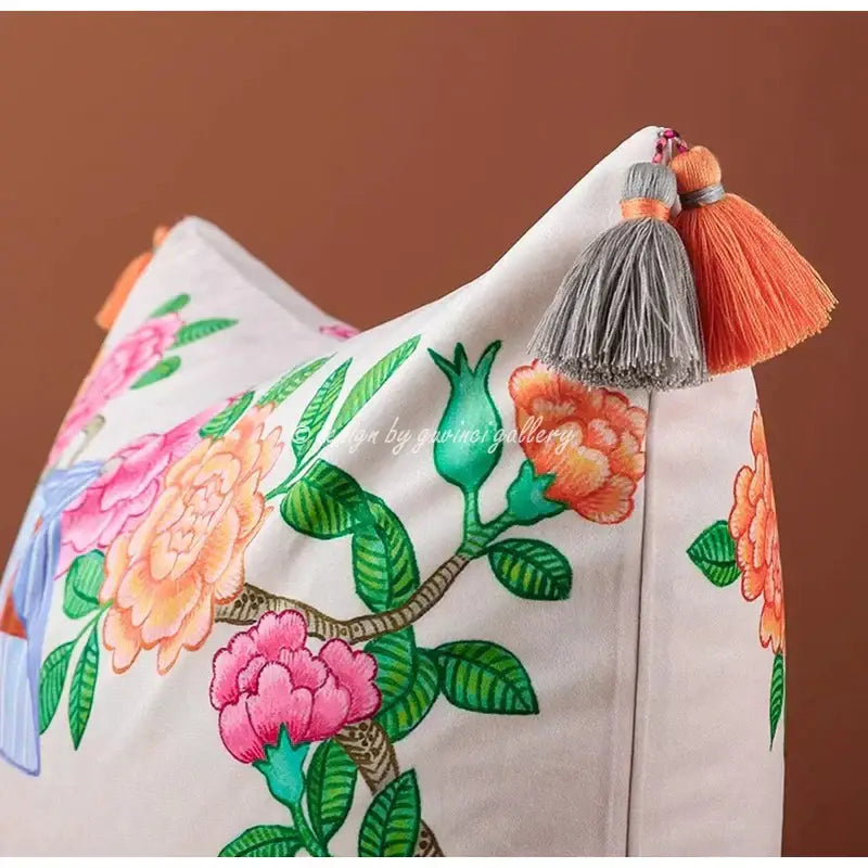 Pink chinoiserie monkey umbrella peonies pillowcase bedroom decor