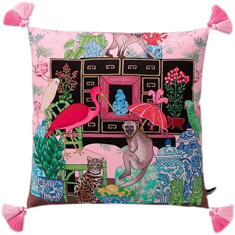 Pink chinoiserie monkey umbrella peonies pillowcase bedroom decor