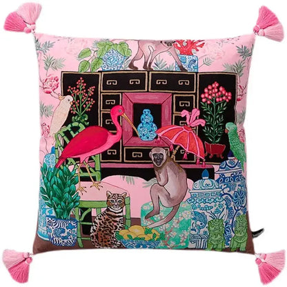 Pink chinoiserie monkey umbrella peonies pillowcase bedroom decor
