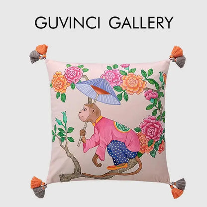Pink chinoiserie monkey umbrella peonies pillowcase bedroom decor