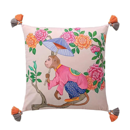 Pink chinoiserie monkey umbrella peonies pillowcase bedroom decor