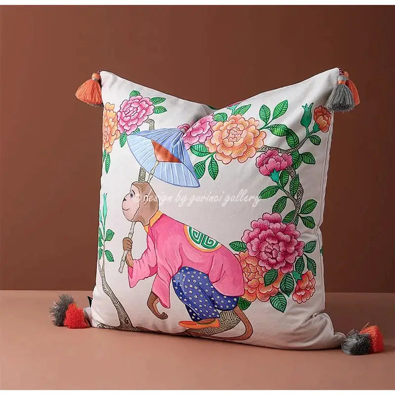 Pink chinoiserie monkey umbrella peonies pillowcase bedroom decor