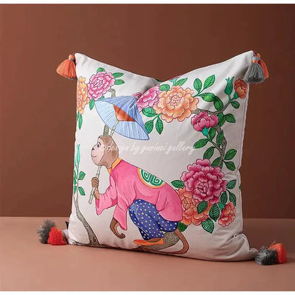 Pink chinoiserie monkey umbrella peonies pillowcase bedroom decor