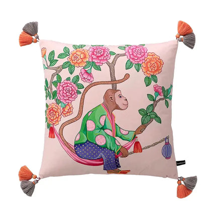 Pink chinoiserie monkey umbrella peonies pillowcase bedroom decor