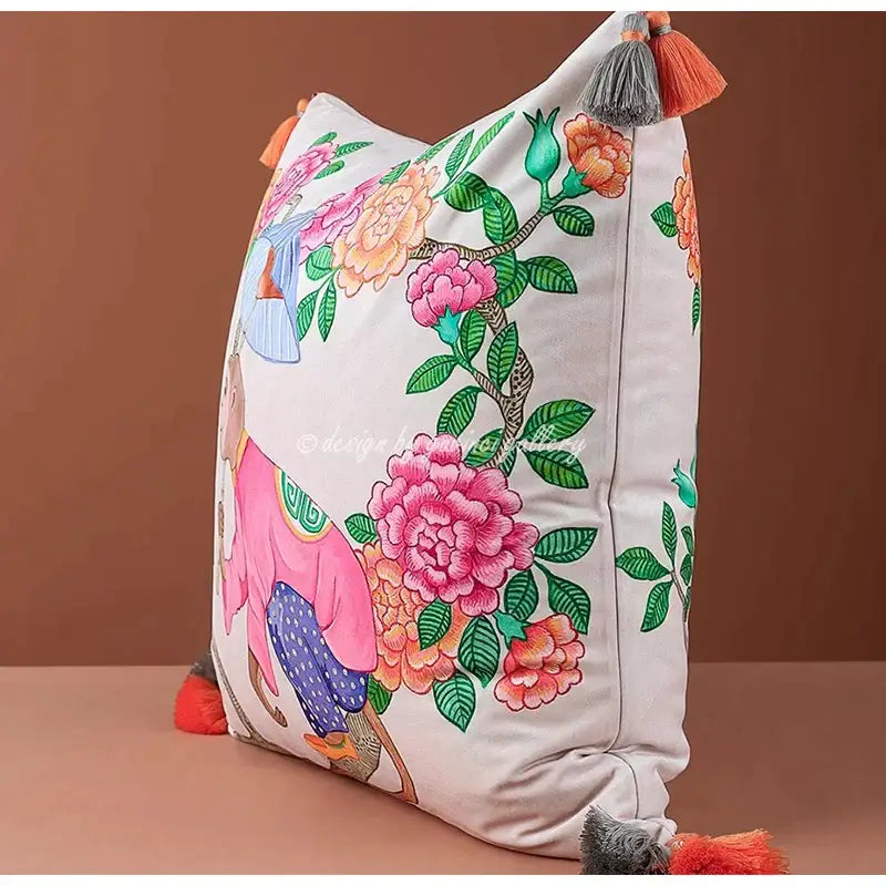 Pink chinoiserie monkey umbrella peonies pillowcase bedroom decor