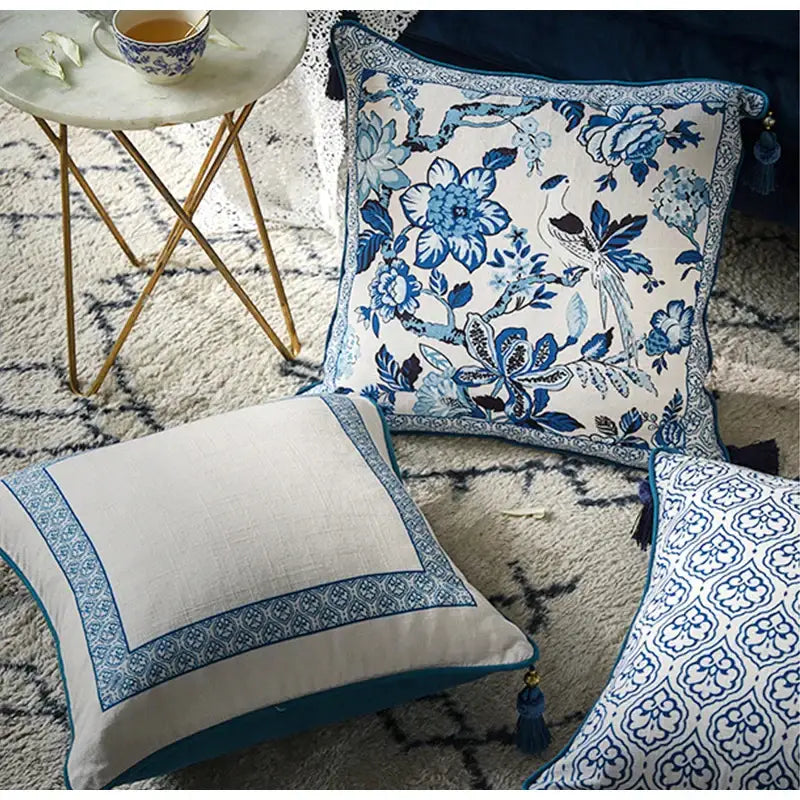 Chinoiserie blue & white floral lumbar pillow case bedroom tassels