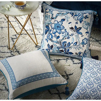 Chinoiserie blue & white floral lumbar pillow case bedroom tassels