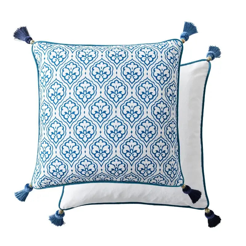 Chinoiserie blue & white floral lumbar pillow case bedroom tassels