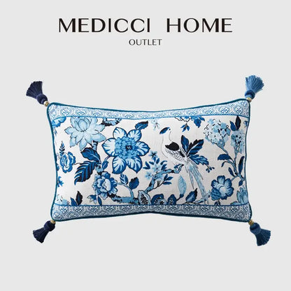 Chinoiserie blue & white floral lumbar pillow case bedroom tassels