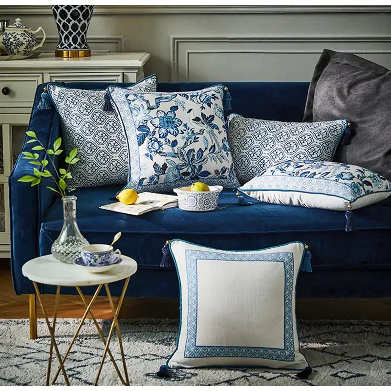 Chinoiserie blue & white floral lumbar pillow case bedroom tassels
