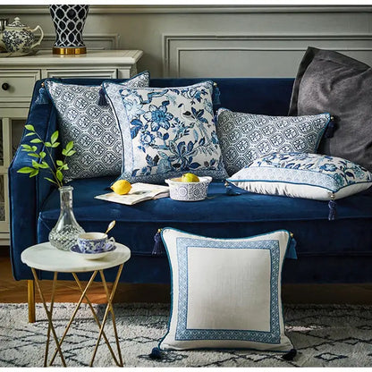 Chinoiserie blue & white floral lumbar pillow case bedroom tassels
