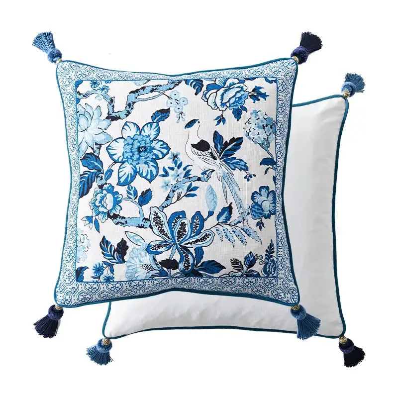 Chinoiserie blue & white floral lumbar pillow case bedroom tassels