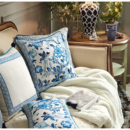 Chinoiserie blue & white floral lumbar pillow case bedroom tassels