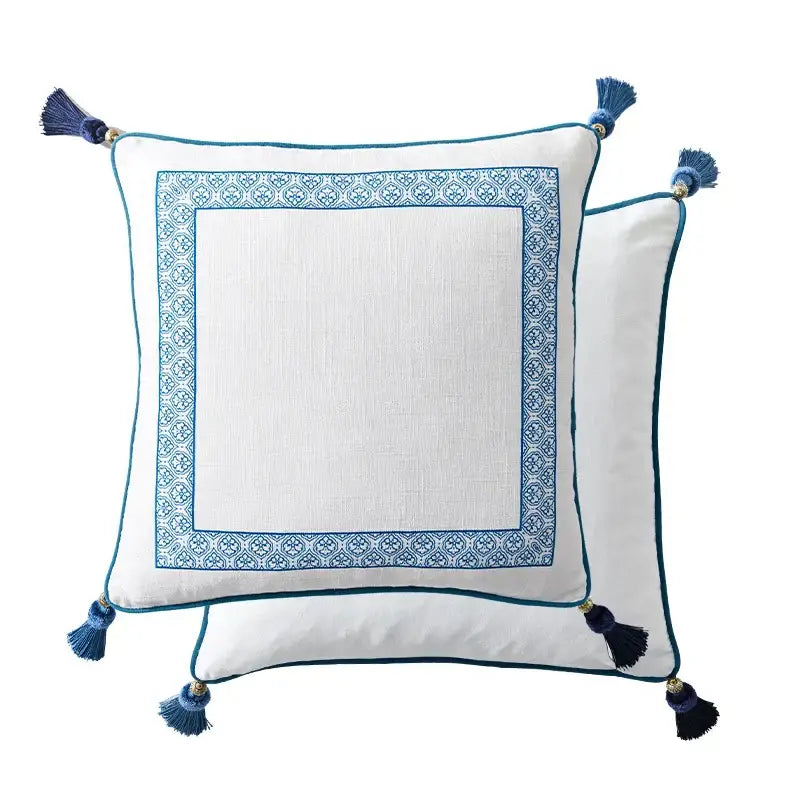 Chinoiserie blue & white floral lumbar pillow case bedroom tassels