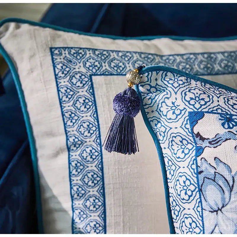 Chinoiserie blue & white floral lumbar pillow case bedroom tassels