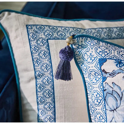 Chinoiserie blue & white floral lumbar pillow case bedroom tassels