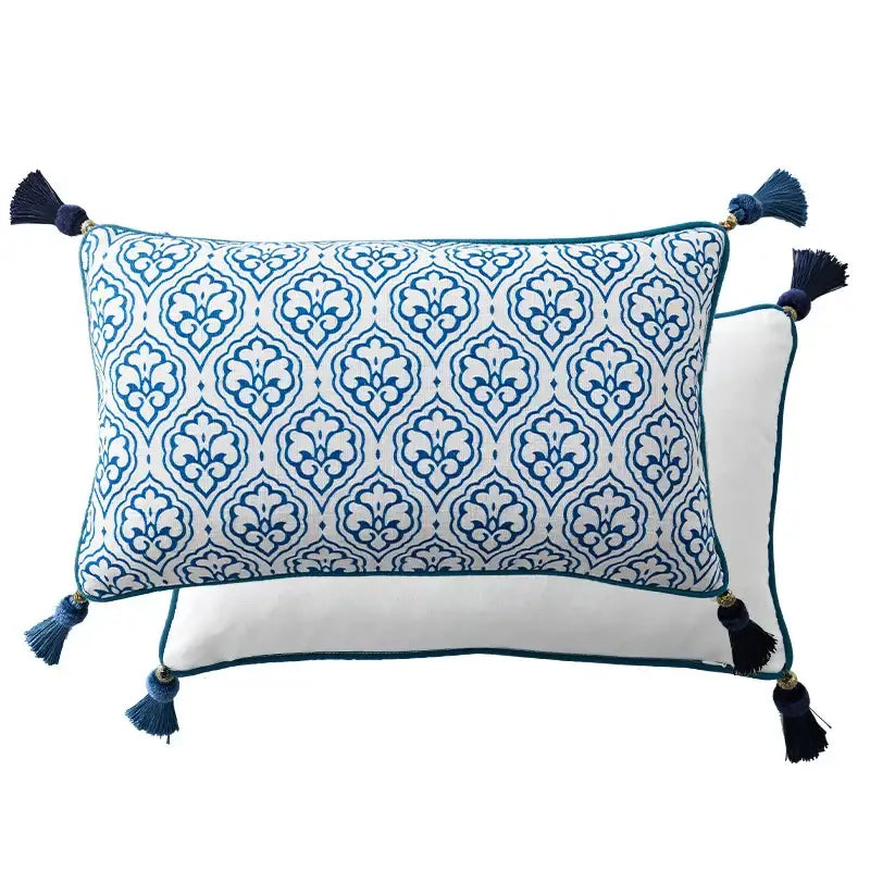 Chinoiserie blue & white floral lumbar pillow case bedroom tassels