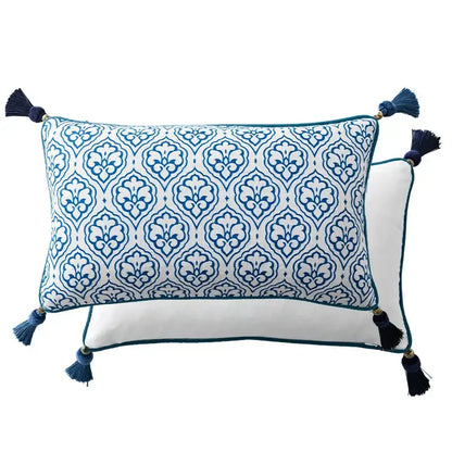 Chinoiserie blue & white floral lumbar pillow case bedroom tassels