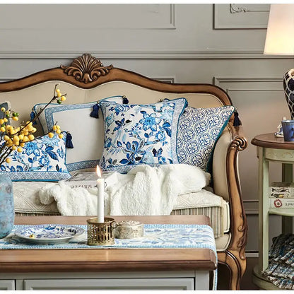 Chinoiserie blue & white floral lumbar pillow case bedroom tassels