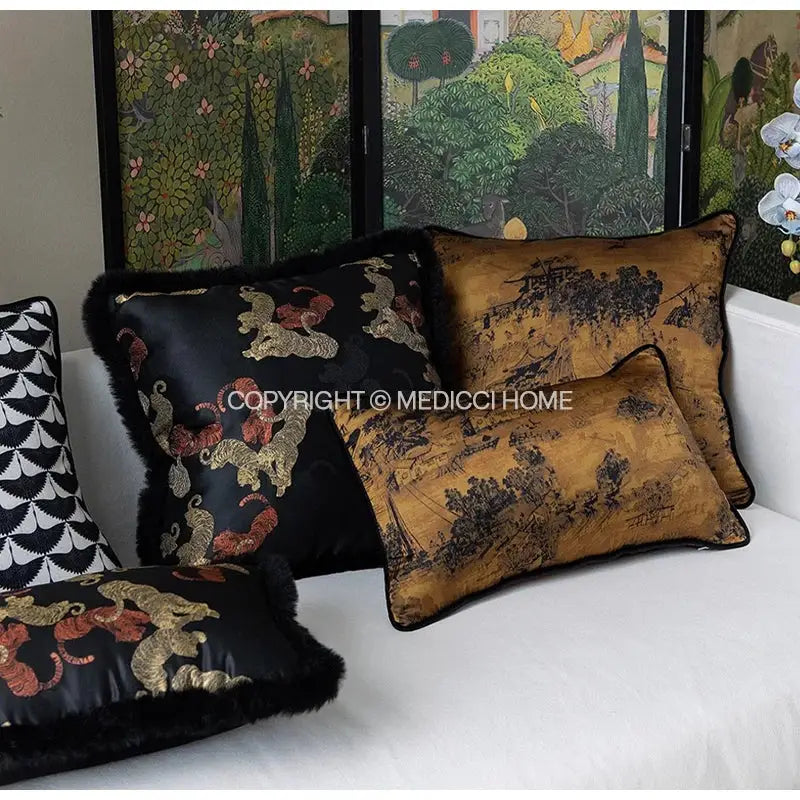chinoiserie sunset gold accent cushion cover living room