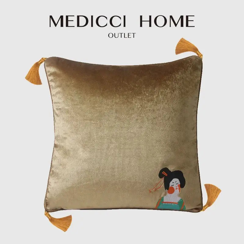 Chinoiserie tang dynasty gold velvet cushion cover living room tassels
