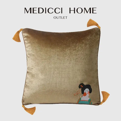 Chinoiserie tang dynasty gold velvet cushion cover living room tassels