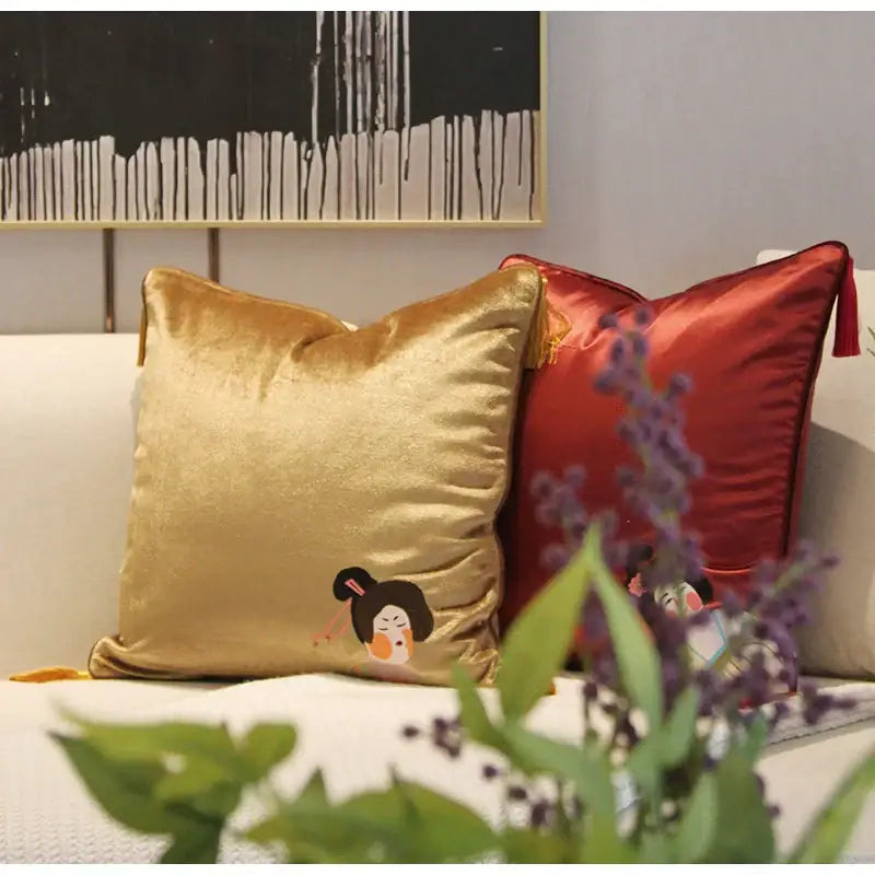 Chinoiserie tang dynasty gold velvet cushion cover living room tassels
