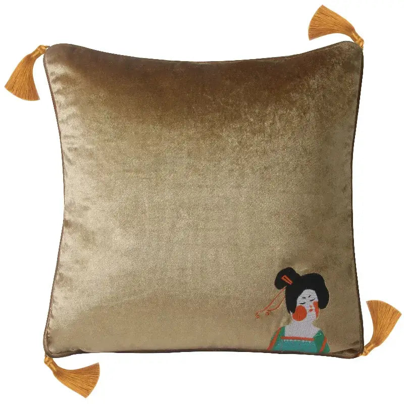 Chinoiserie tang dynasty gold velvet cushion cover living room tassels