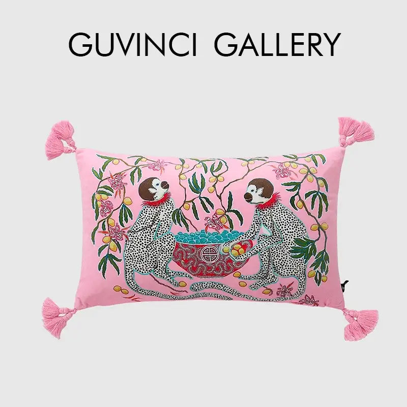 Chinoiserie pink monkey velvet lumbar pillow cover bedroom decor