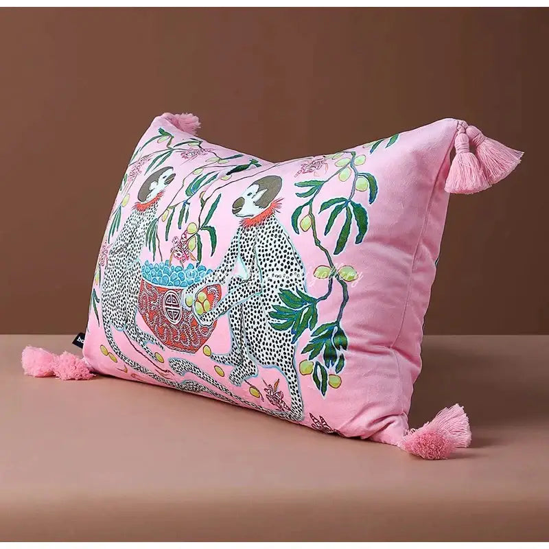 Chinoiserie pink monkey velvet lumbar pillow cover bedroom decor