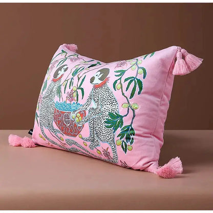 Chinoiserie pink monkey velvet lumbar pillow cover bedroom decor