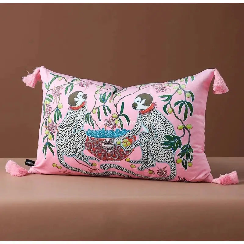 Chinoiserie pink monkey velvet lumbar pillow cover bedroom decor