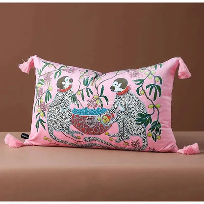 Chinoiserie pink monkey velvet lumbar pillow cover bedroom decor