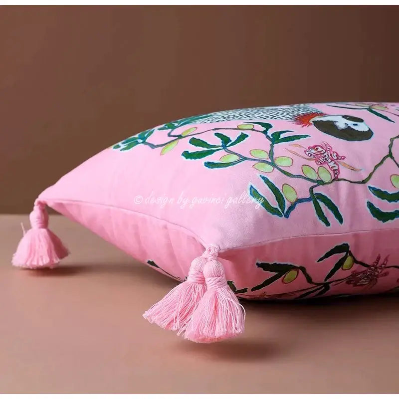 Chinoiserie pink monkey velvet lumbar pillow cover bedroom decor