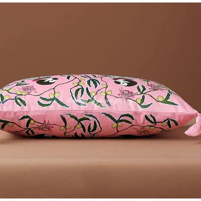 Chinoiserie pink monkey velvet lumbar pillow cover bedroom decor