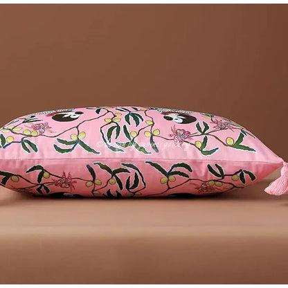 Chinoiserie pink monkey velvet lumbar pillow cover bedroom decor