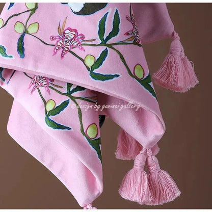 Chinoiserie pink monkey velvet lumbar pillow cover bedroom decor