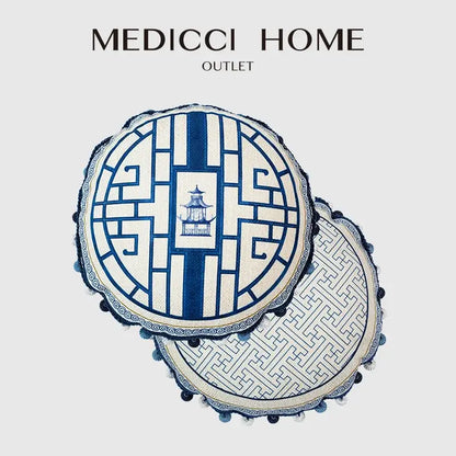 Traditional chinese pavilion blue & white circular throw pillow covers bedroom tassel trim