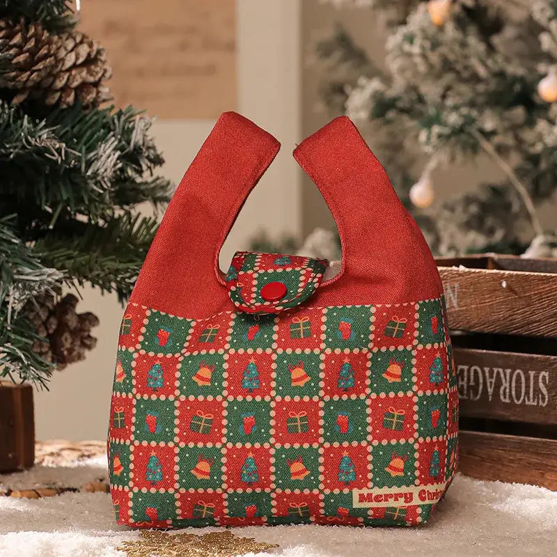 Green and red checkered santa gift bag dining room christmas apple