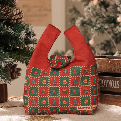 Green and red checkered santa gift bag dining room christmas apple