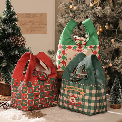 Green and red checkered santa gift bag dining room christmas apple
