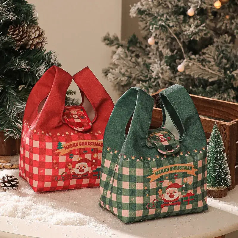 Green and red checkered santa gift bag dining room christmas apple