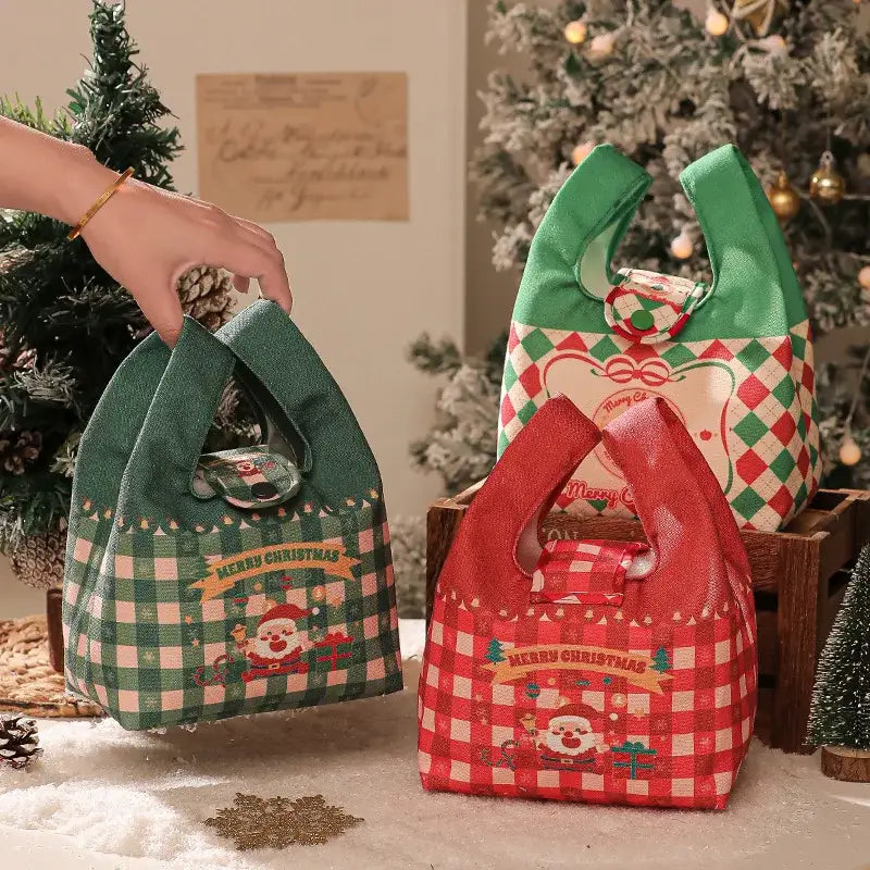 Green and red checkered santa gift bag dining room christmas apple