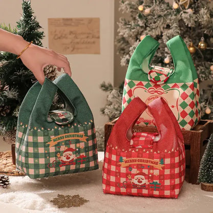 Green and red checkered santa gift bag dining room christmas apple