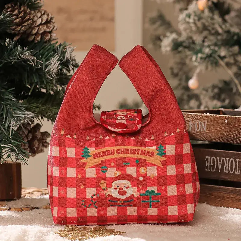 Green and red checkered santa gift bag dining room christmas apple