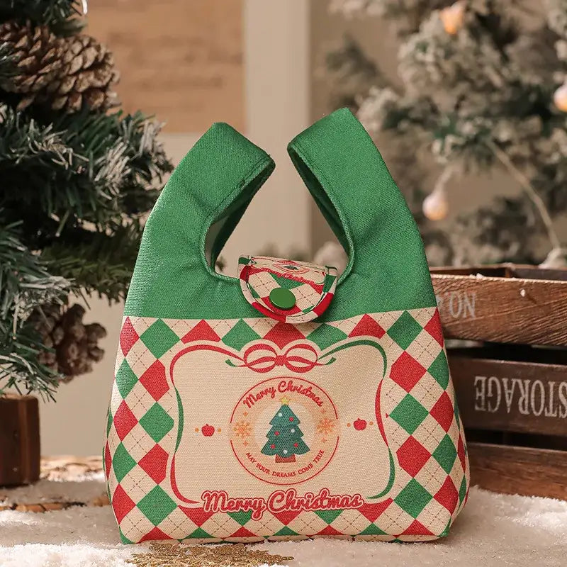 Green and red checkered santa gift bag dining room christmas apple